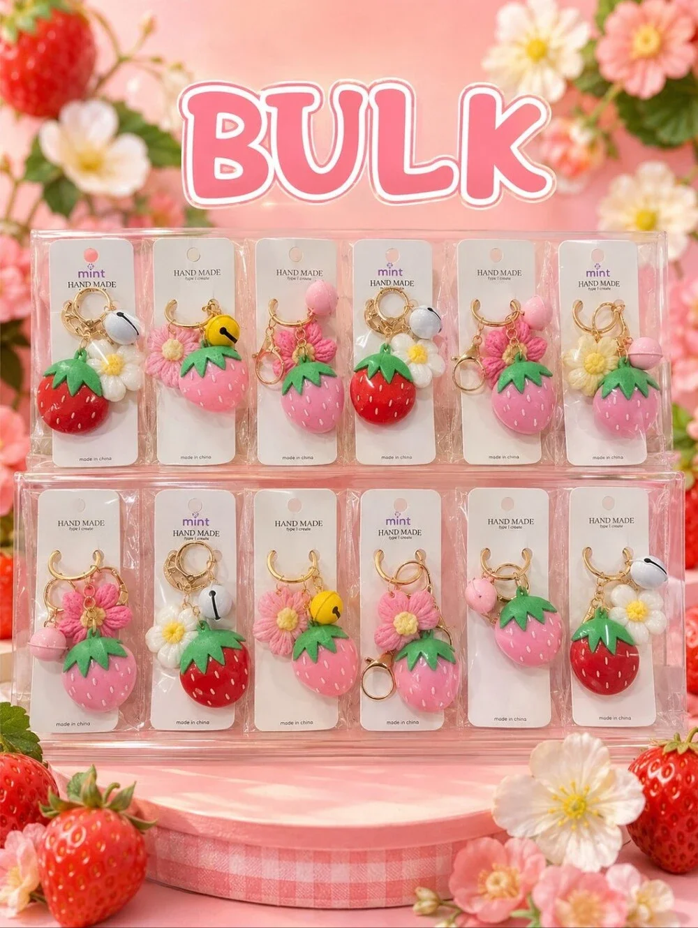 BULK Strawberry Flower And Bell Keychain